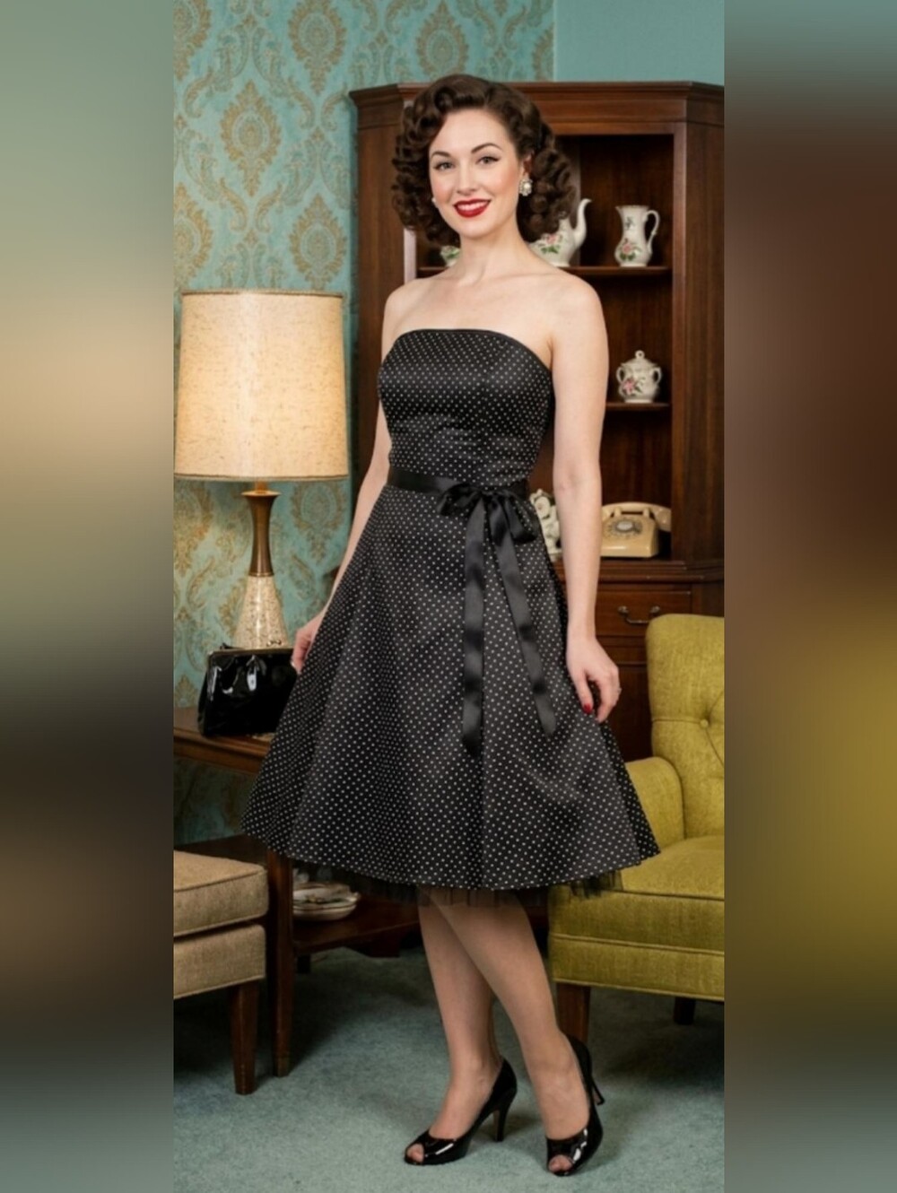 Jessica McClintock Gunne Sax VTG Black Strapless Polka Dot Dress Bow Belt 5 6 S